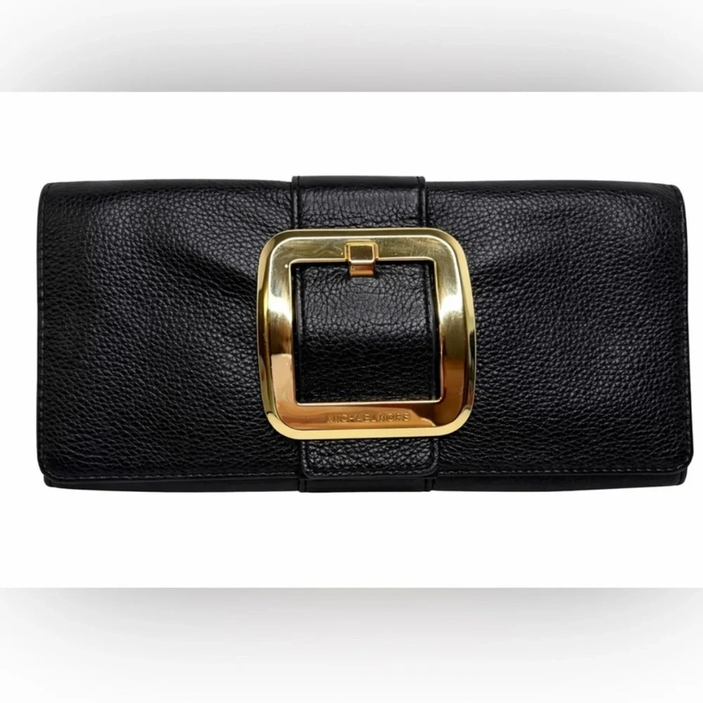 Michael Kors Black Pebbled Leather Large Continental Wallet Gold Buckle Clutch_10